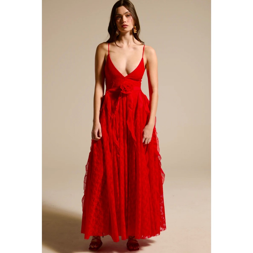 Red Lace Maxi Prom Dress Deep V Ruffle Sash Necklace Tie Party Formal Sold Out - Picture 5 of 11